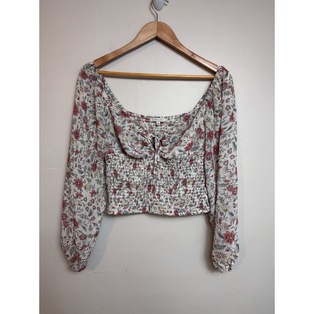 Love Tree Peasant Crop Top Women's L Floral Balloon Sleeves Smocked Tie Front